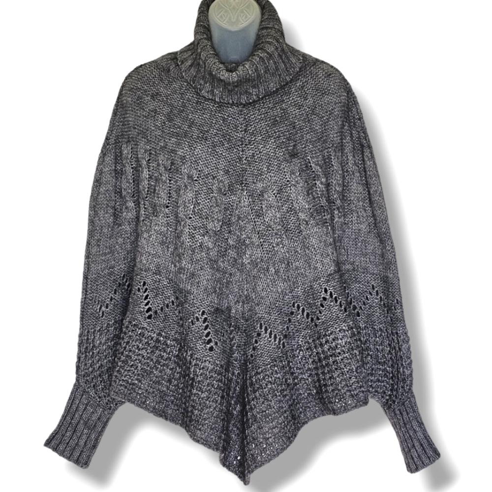 Iperico Poncho Sweater Gray Wool Mohair Cable Knit Turtleneck Womens One Size OS